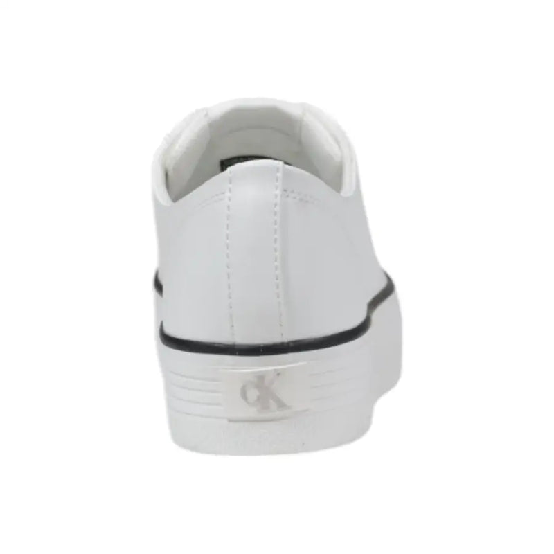 Calvin Klein Jeans women’s white leather platform sneakers with black trim and silver CK logo on the heel back side