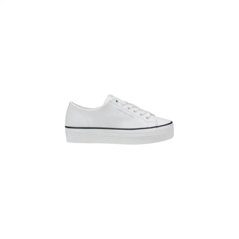 Calvin Klein Jeans women’s white leather platform sneaker with black trim and a sleek minimalist design