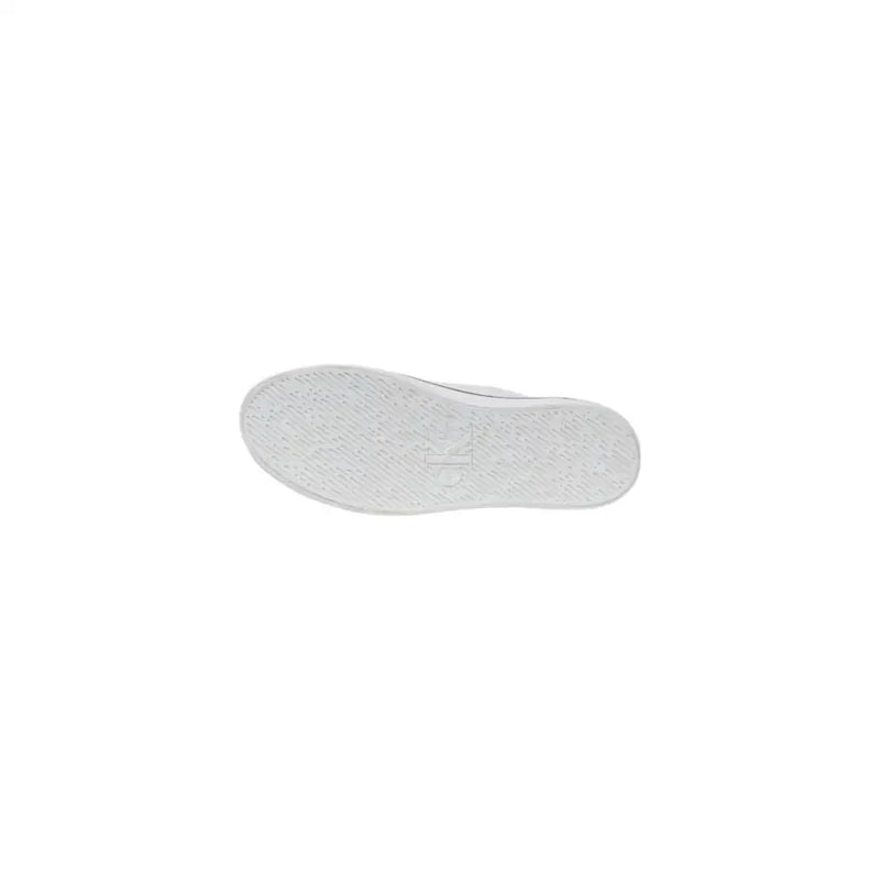 Calvin Klein Jeans women’s white leather sneakers featuring a white rubber sole with textured pattern and embossed logo