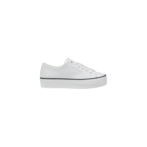 Calvin Klein Jeans women’s white leather platform sneaker with black trim and a sleek minimalist design