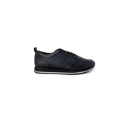 Calvin Klein men black leather sneakers with sleek minimalist design and subtle textured panels on the upper