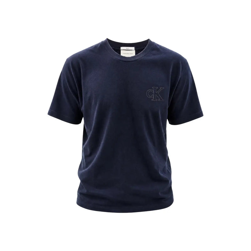 Calvin Klein Herren-T-Shirt aus blauer Baumwolle mit Rundhalsausschnitt, dunkelblauen kurzen Ärmeln und dezentem, gesticktem CK-Logo auf der Brust