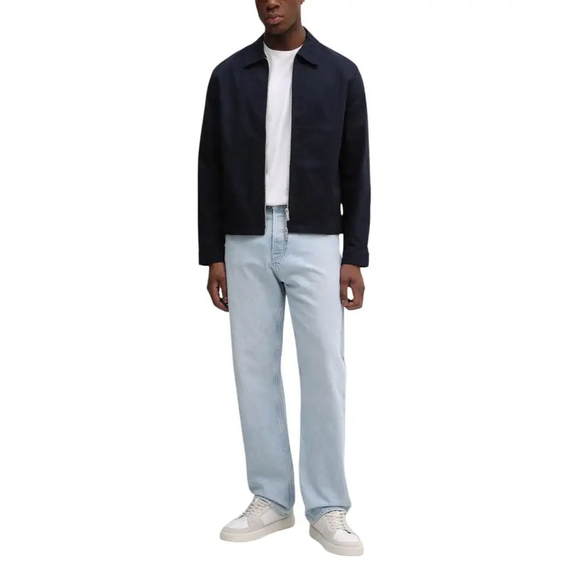 Calvin Klein Herrenblazer aus blauer Baumwolle mit Reißverschluss, klassische Passform, aus marineblauem Baumwollstoff und mit Reißverschluss vorne.