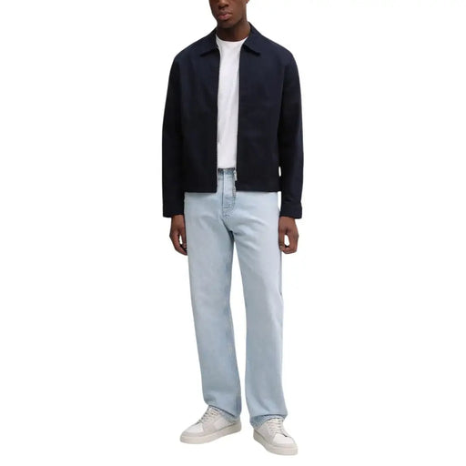 Calvin Klein men blue cotton zip blazer classic fit with navy blue cotton fabric and zipper front closure