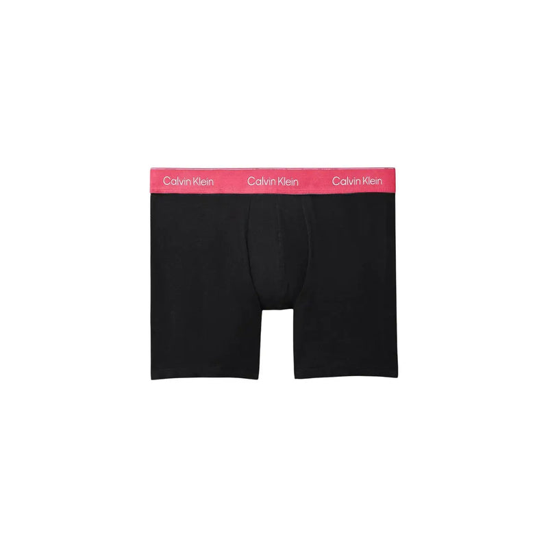 Black Calvin Klein men underwear boxer briefs with pink elastic waistband featuring white logo for everyday wear