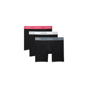 Three-pack of black Calvin Klein men’s boxer briefs with contrasting pink white and gray elastic waistbands