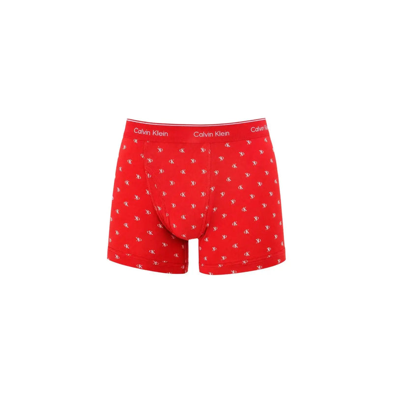 Red calvin klein men boxer briefs cotton 3 pack with white ck logo pattern and matching red waistband featuring brand name