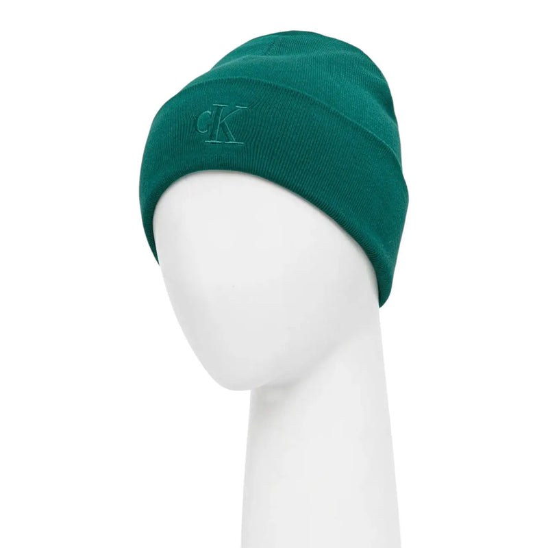 Calvin Klein Grüne Herren-Strickmütze aus Viskosemischung mit dezent gesticktem CK-Logo – das perfekte Accessoire für Herbst und Winter.