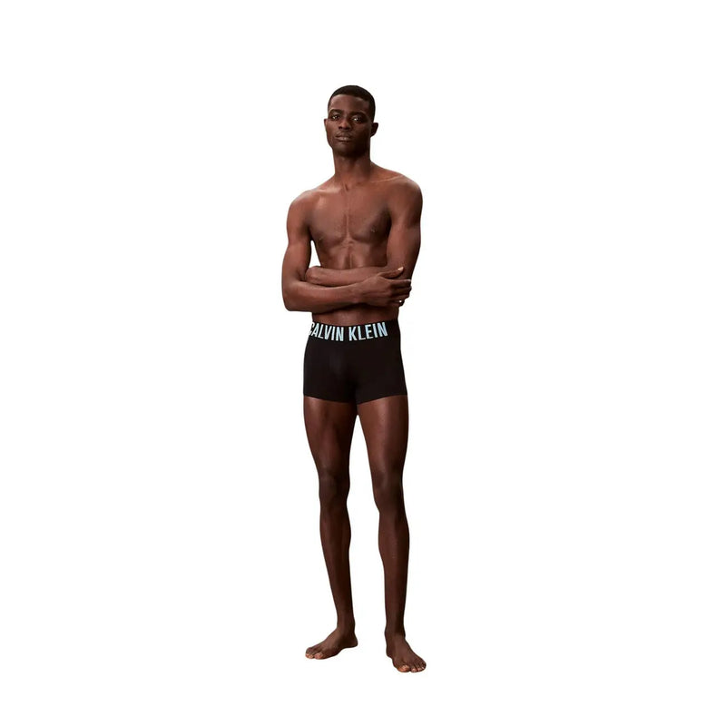 Calvin Klein men cotton trunks black 3 pack featuring black boxer briefs with white logo waistband