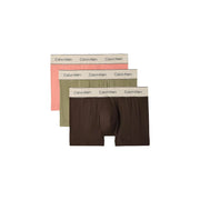 Set of three calvin klein men cotton trunks in soft pink olive green and dark brown with branded waistbands