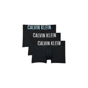 Calvin klein men cotton trunks black 3 pack featuring black boxer briefs with contrasting light blue and white logo bands
