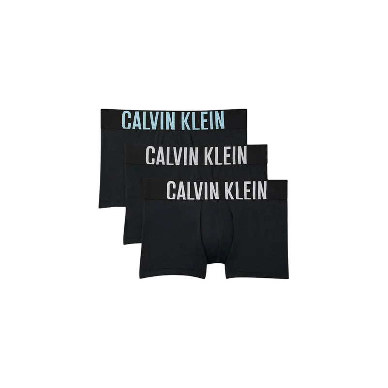 Calvin klein men cotton trunks black 3 pack featuring black boxer briefs with contrasting light blue and white logo bands