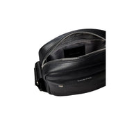 Schwarze Calvin Klein Leder-Umhängetasche mit strukturierter Oberfläche und silbernem Reißverschluss für Herren, Emblem Reportertasche, Größe B 16 x H 20 cm
