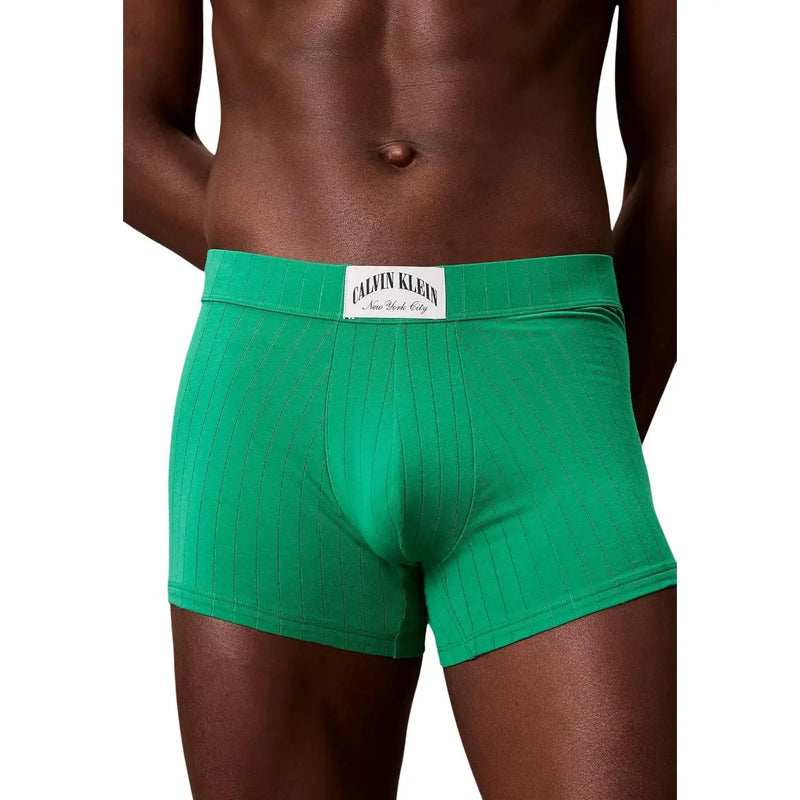 Calvin Klein men green cotton trunk underwear with ribbed texture and white waistband featuring brand logo