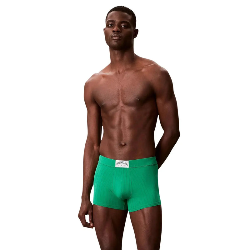 Calvin klein men green cotton trunk underwear with white waistband featuring brand logo in front view