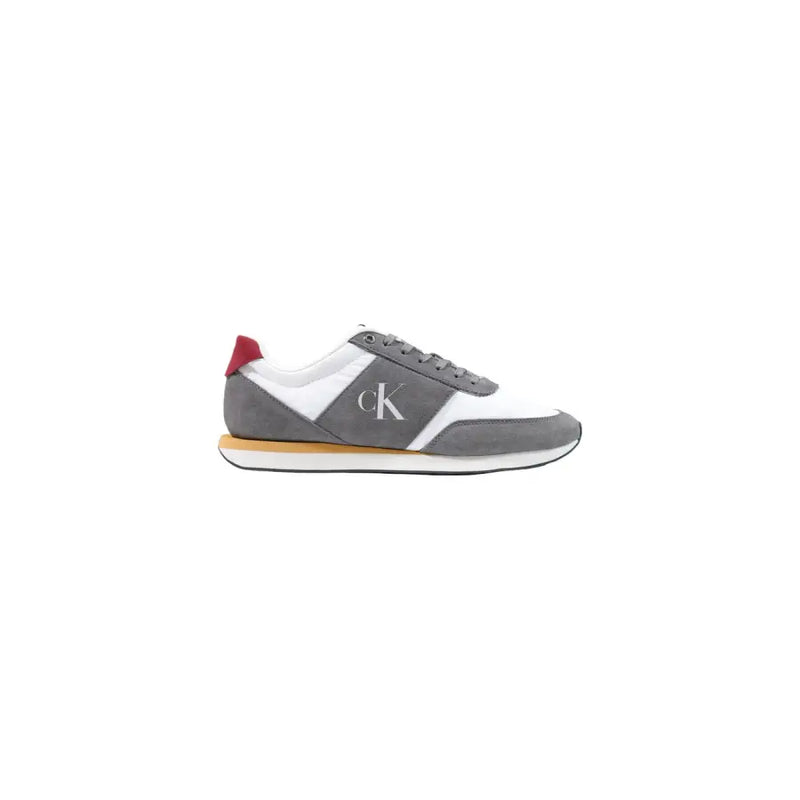 Calvin Klein Herren-Sneaker aus grauem Kunstleder mit roter Fersenlasche und Logo an der Seite, Herbst/Winter, Größe 38