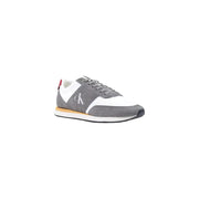 Calvin Klein Herren-Sneaker aus grauem Kunstleder mit Wildlederakzenten, roter Fersenlasche und hellbrauner Zwischensohle, Größe 38, Herbst/Winter