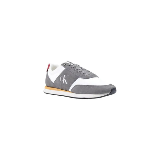 Calvin Klein Herren-Sneaker aus grauem Kunstleder mit Wildlederakzenten, roter Fersenlasche und hellbrauner Zwischensohle, Größe 38, Herbst/Winter