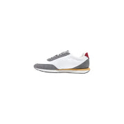 Calvin Klein Herren-Sneaker aus grauem Kunstleder, Größe 38, mit weißem und grauem Wildleder-Canvas und roter Fersenlasche