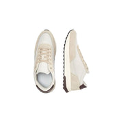 Calvin Klein men leather sneakers in beige and white suede with brown rubber sole and lace up design