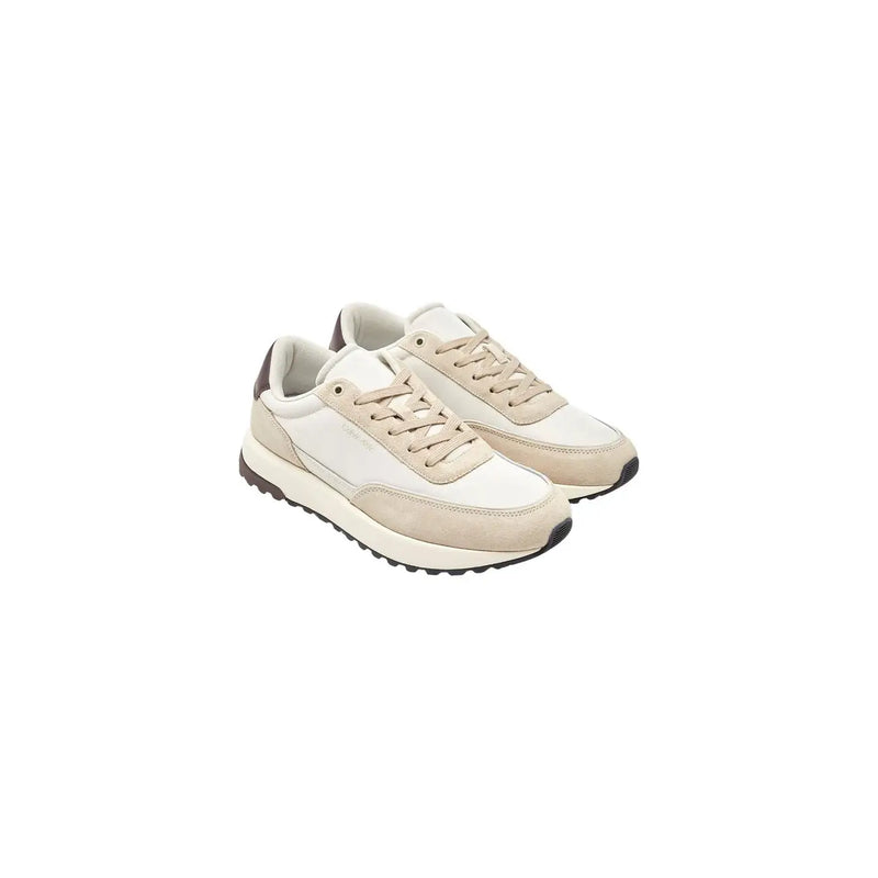 Beige and white suede calvin klein men leather sneakers with classic athletic design and brown lace up shoes