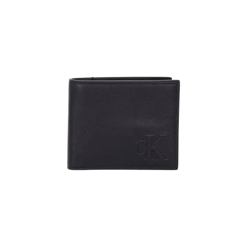 Calvin Klein men wallet black leather with embossed CK logo front view for everyday use