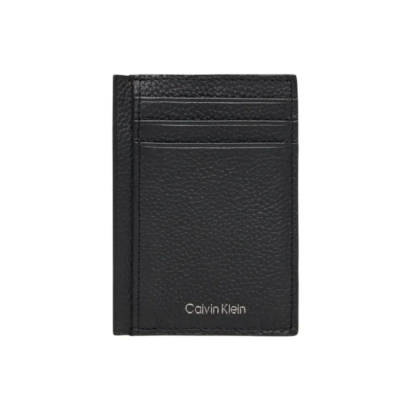 Calvin Klein men wallet black textured leather cardholder with stitched edges and multiple card slots