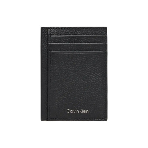 Calvin Klein men wallet black textured leather cardholder with stitched edges and multiple card slots
