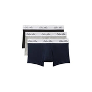 Calvin Klein Herren-Baumwoll-Badehosen mit niedrigem Bund, 3er-Pack in Schwarz, Grau und Marineblau mit elastischem Bund und weißem Logo.