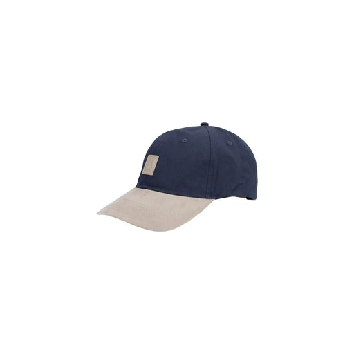 Calvin Klein Herren-Baseballkappe aus Baumwolle in Marineblau und Beige mit Farbblock-Design und kleinem Logo-Aufnäher vorne.
