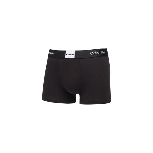 Black Calvin Klein men’s boxer briefs with white logo waistband designed for comfortable everyday underwear use