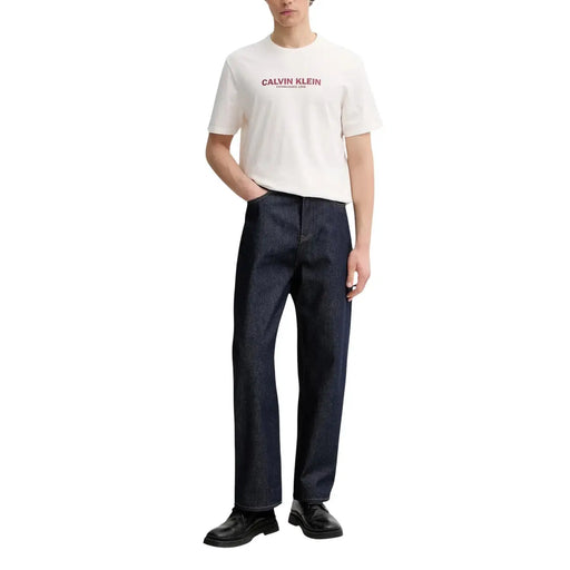 Calvin Klein men t-shirt in white cotton with pink logo text and classic crew neck design