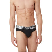 Black Calvin Klein briefs with a silver logo waistband designed for men in Calvin Klein underwear collection