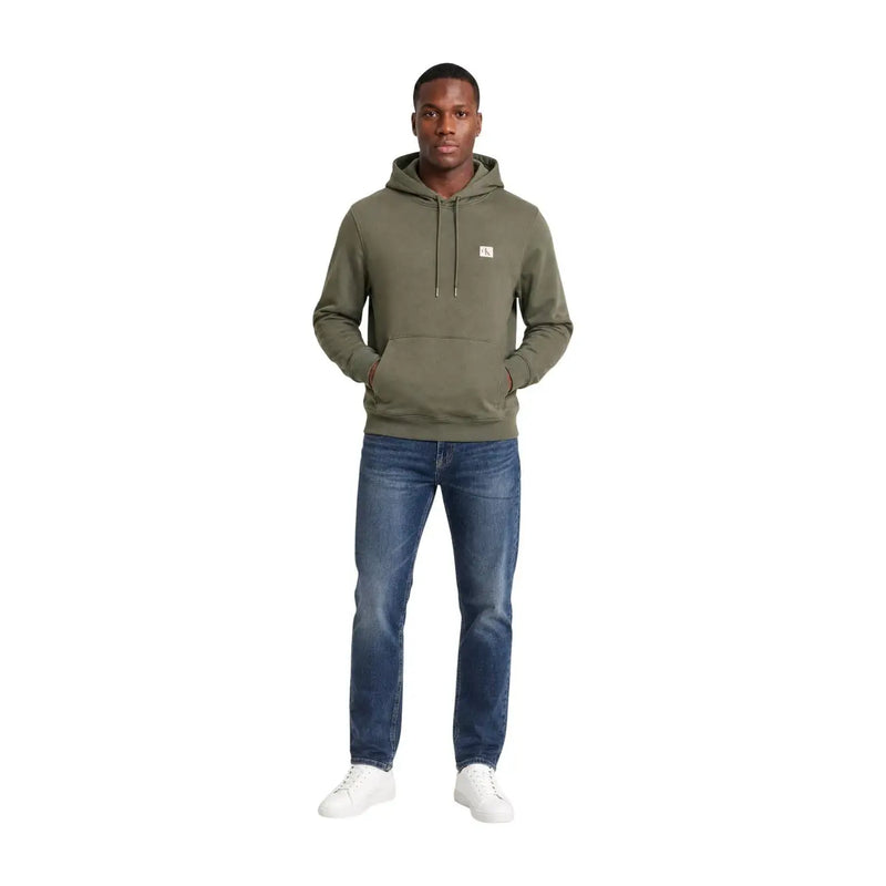 Calvin Klein Olivgrüner Herren-Hoodie aus Baumwolle mit kleinem weißen Brustlogo und passenden Kordelzügen