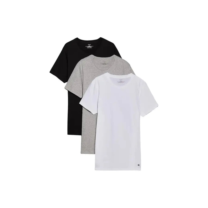 Dreierpackung Calvin Klein Basic-T-Shirts aus Baumwolle mit Rundhalsausschnitt in Schwarz, Hellgrau und Weiß, auch als Herrenunterwäsche geeignet