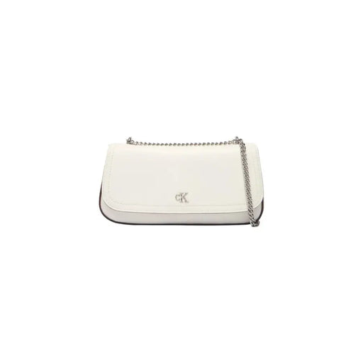 Calvin Klein white spring summer crossbody bag with silver chain strap and subtle logo detail with pocket