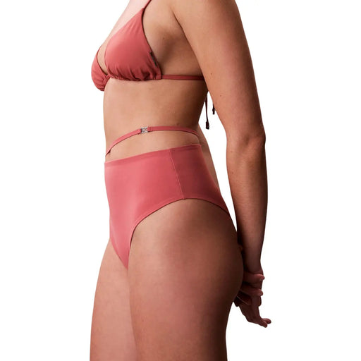 Calvin Klein Damen-Strand-Bikinihose aus pinkfarbenem Nylon in Koralle mit hohem Bund, Satin-Finish und Metallverschluss am Bund