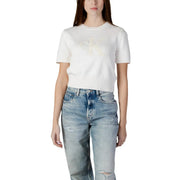 Calvin Klein Damen beige Baumwollstrickwaren Rundhalsausschnitt weiß Kurzarm top mit dezentem, gesticktem Logo auf der Brust