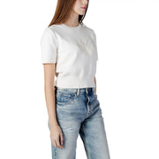 Calvin Klein Beigefarbener Damen-Baumwollstrickpullover mit Rundhalsausschnitt und weißem Kurzarm-Strickpullover top und gesticktes Schmetterlingsdesign