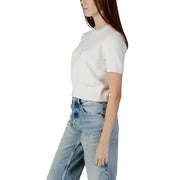 Weißes, kurzärmeliges Baumwollstrickshirt top mit dezenter Textur und geripptem Saum von Calvin Klein Damen beige Baumwollstrickjacke mit Rundhalsausschnitt