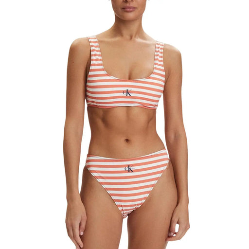 Calvin Klein Damen-Bikini-Set aus orange-gestreiftem Nylon-Elastan mit korallenweißen Streifen und klassischem CK-Logo auf jedem Teil