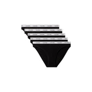 Schwarze Calvin Klein Bikini-Slips mit weißem Bund und wiederholtem Calvin Klein Logo aus Baumwolle, 5er-Packung für Damen