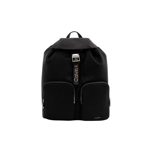 Calvin Klein Schwarzer Damenrucksack aus strukturiertem Polyurethanleder mit silberfarbenen Beschlägen, 28 cm