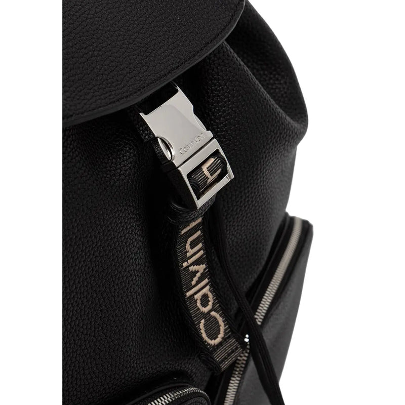 Calvin Klein women black textured leather backpack 28 cm with silver-toned buckle and branded strap