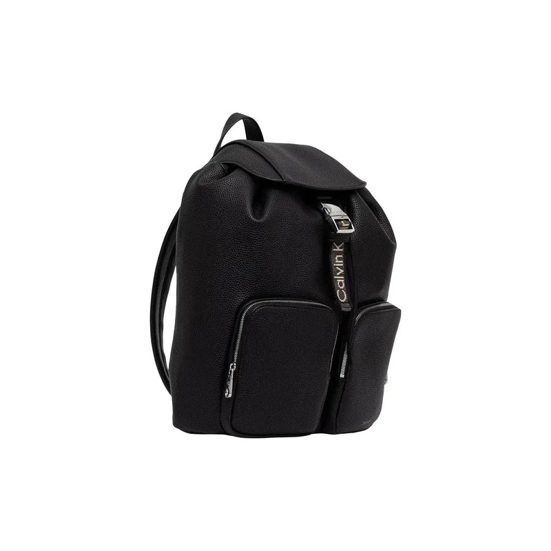 Calvin Klein women black polyurethane backpack 28 cm with textured leather, silver-toned zipper pulls, and branded strap tag