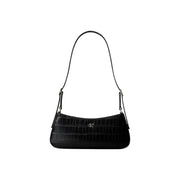 Calvin Klein Schwarze Damen-Schultertasche aus schwarzem, krokodilgeprägtem Polyurethan mit silberfarbenen CK-Logo-Beschlägen