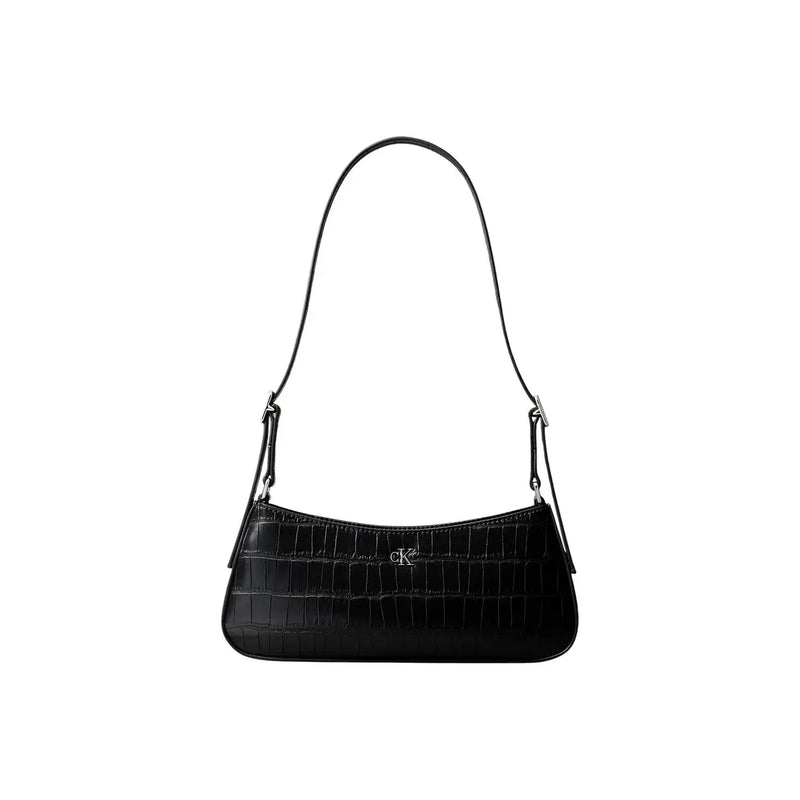 Calvin Klein Schwarze Damen-Schultertasche aus schwarzem, krokodilgeprägtem Polyurethan mit silberfarbenen CK-Logo-Beschlägen