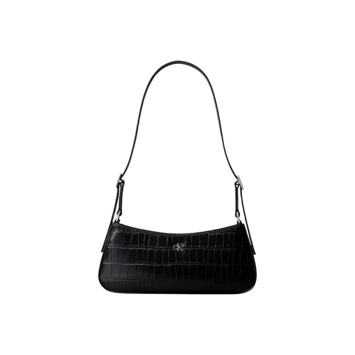 Calvin Klein Schwarze Damen-Schultertasche aus schwarzem, krokodilgeprägtem Polyurethan mit silberfarbenen CK-Logo-Beschlägen