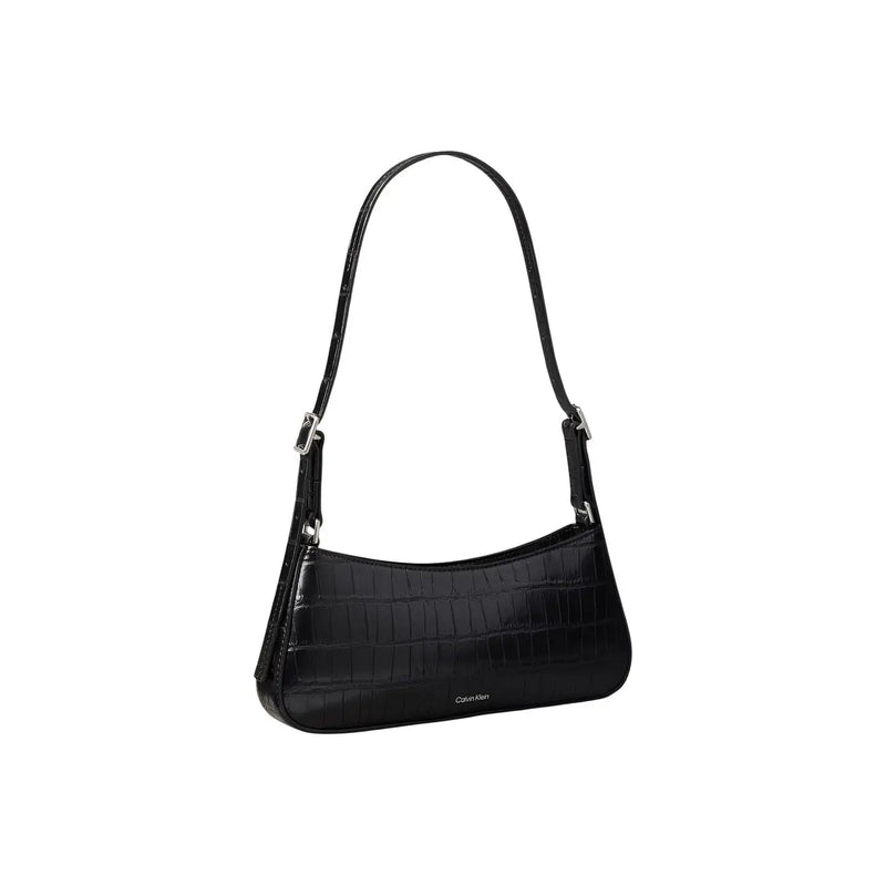 Calvin Klein Schwarze Damen-Schultertasche aus schwarzem, krokodilgeprägtem Polyurethanleder mit silberfarbenen Beschlägen