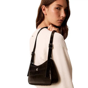 Calvin Klein Schwarze Damen-Schultertasche mit Krokodilprägung aus Polyurethan und silberfarbenen Beschlägen